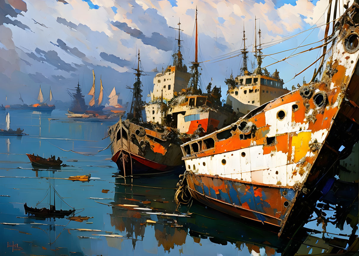 Old ships at dock with sailboats, mountains, and cloudy sky