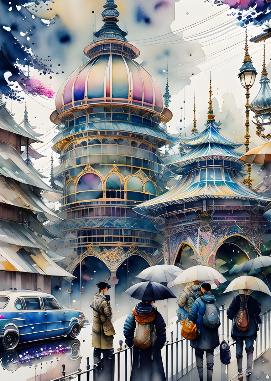 Illustration of three people with umbrellas and a fantastical tower amid watercolor splashes and vintage