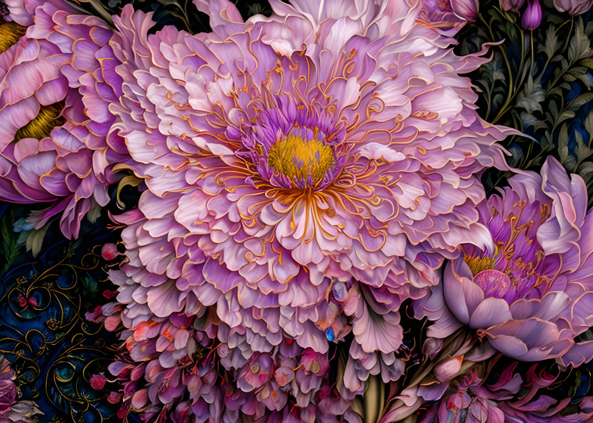 Detailed Close-Up of Large Pink Flower with Golden Center