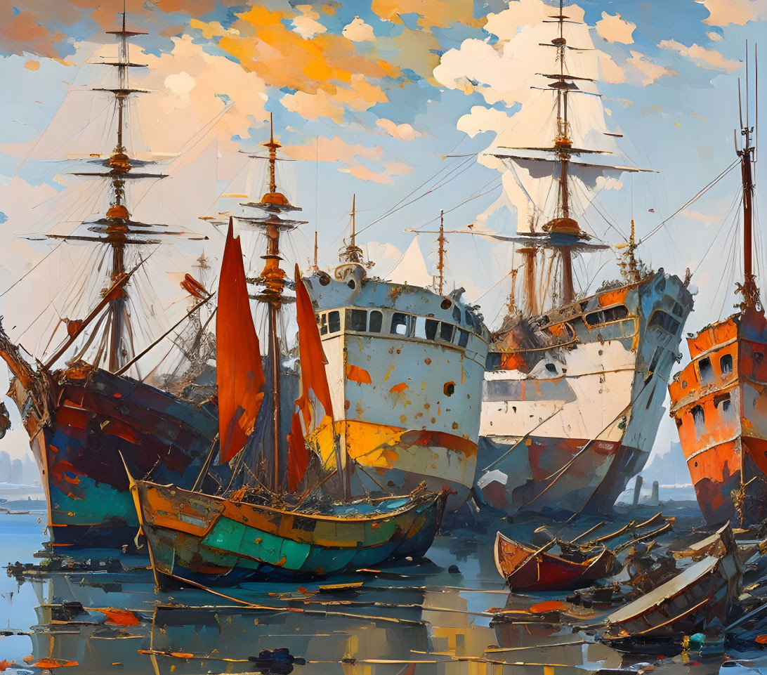 Colorful ship graveyard painting with vibrant clouds and rusting ships.