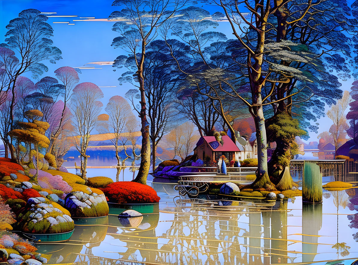 Colorful Stylized Landscape with Lake, Flora, and House