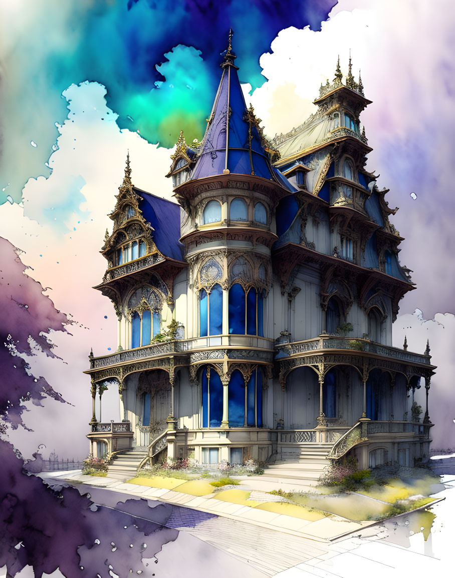 Victorian-style mansion with blue roof and mystical mist.