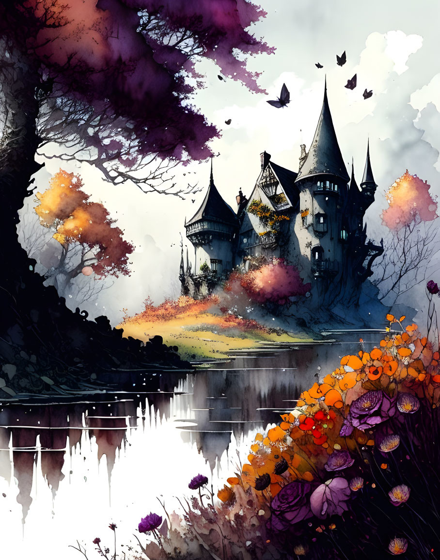 Whimsical castle in vibrant autumn landscape with lake reflection