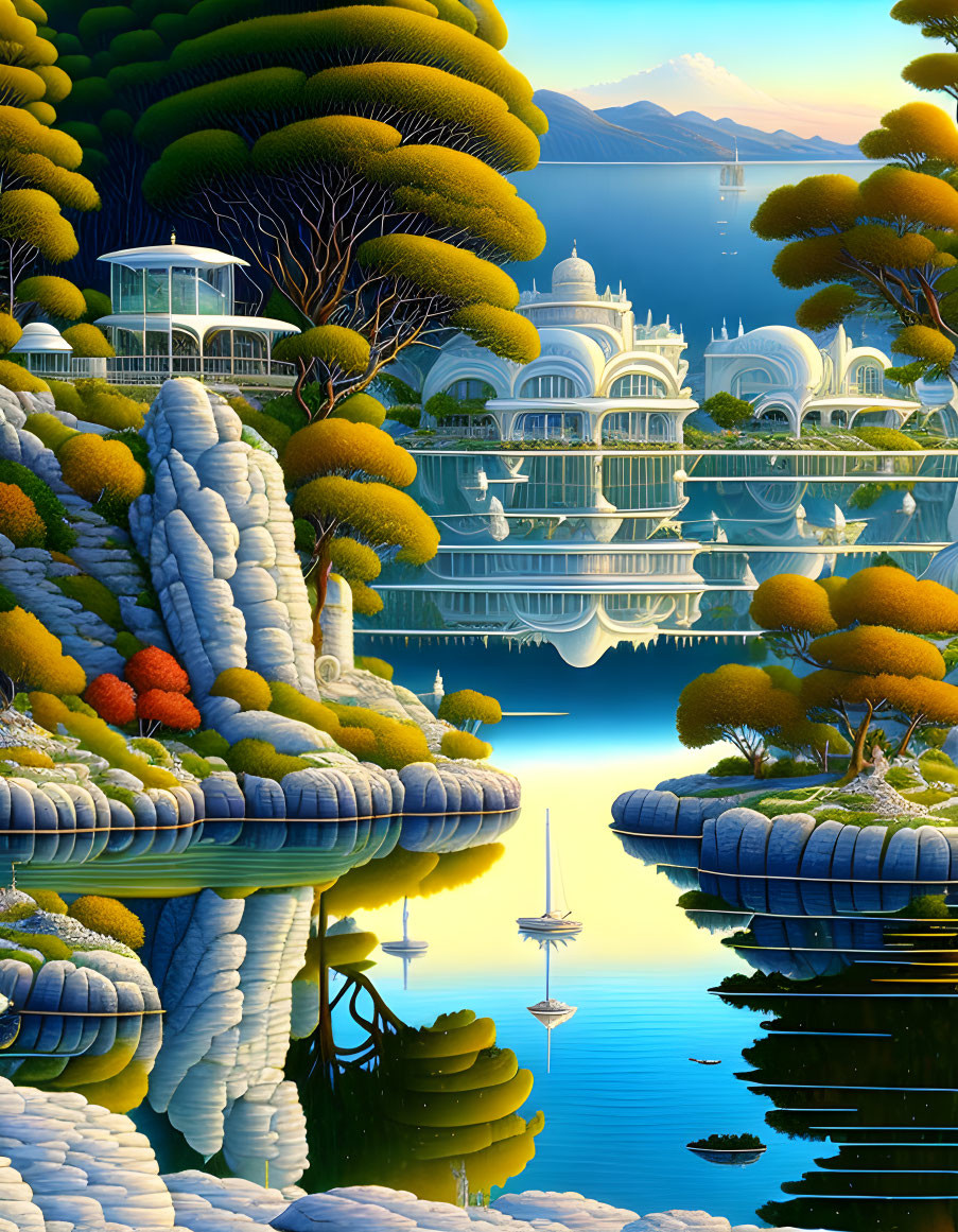 Tranquil landscape with reflective lake, futuristic architecture, lush trees, distant hills, sailboats,