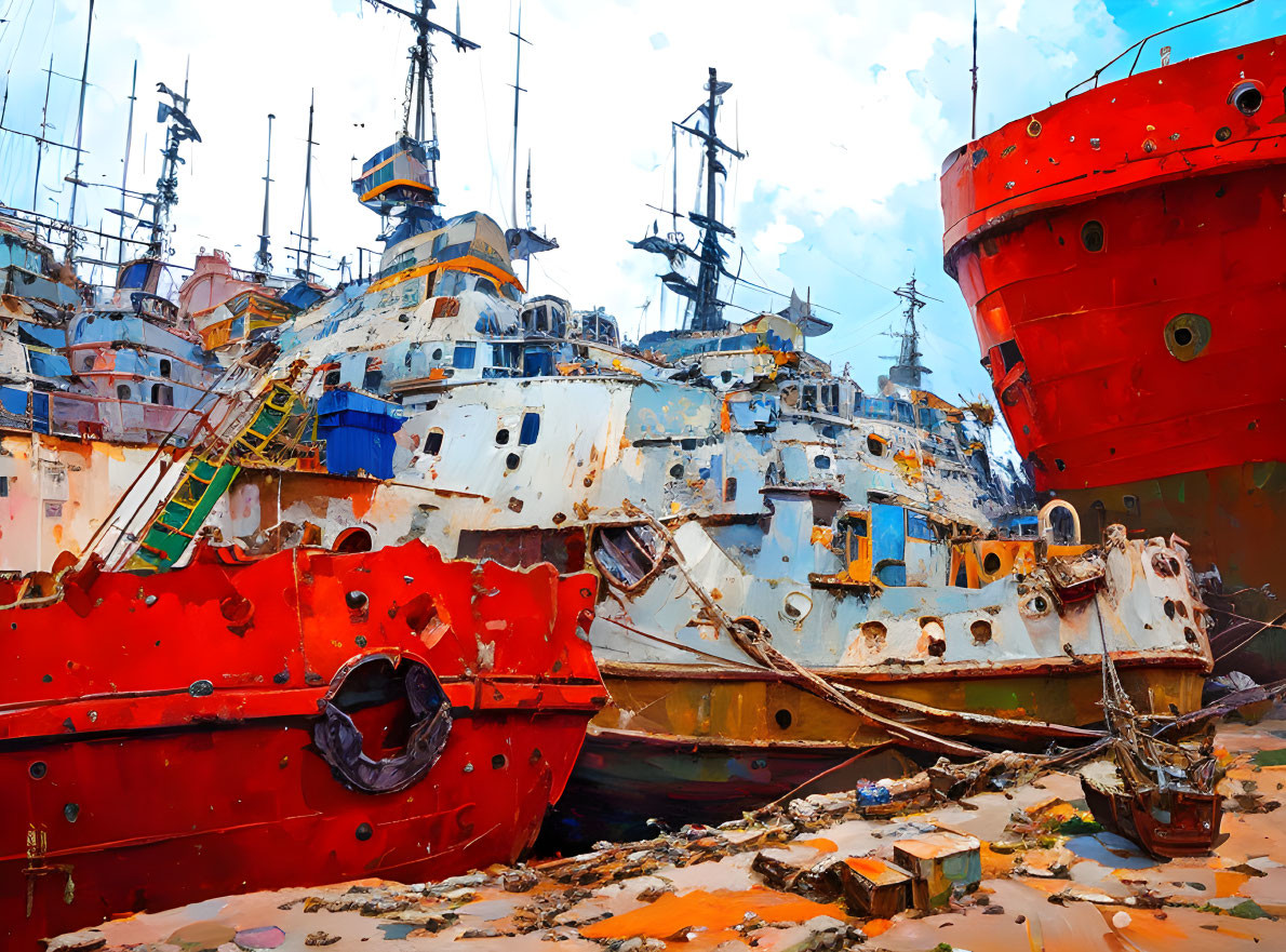 Dilapidated ships in ship-breaking yard under cloudy sky