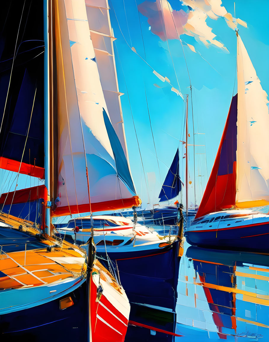 Colorful Sailboats in Clear Blue Water Under Sunny Sky