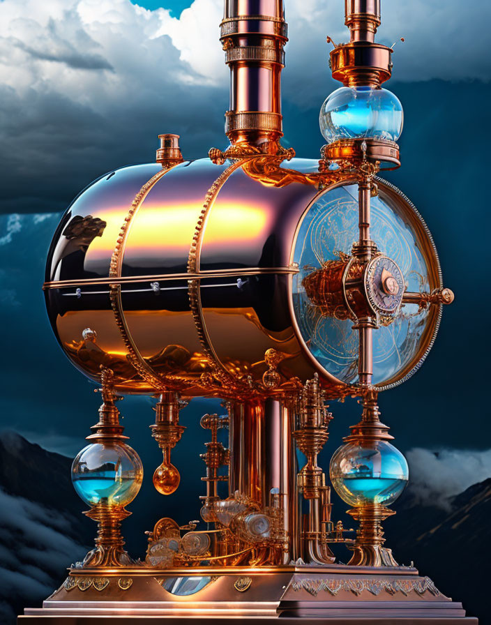 Steampunk-style contraption with copper and brass elements and glass containers against cloudy sky