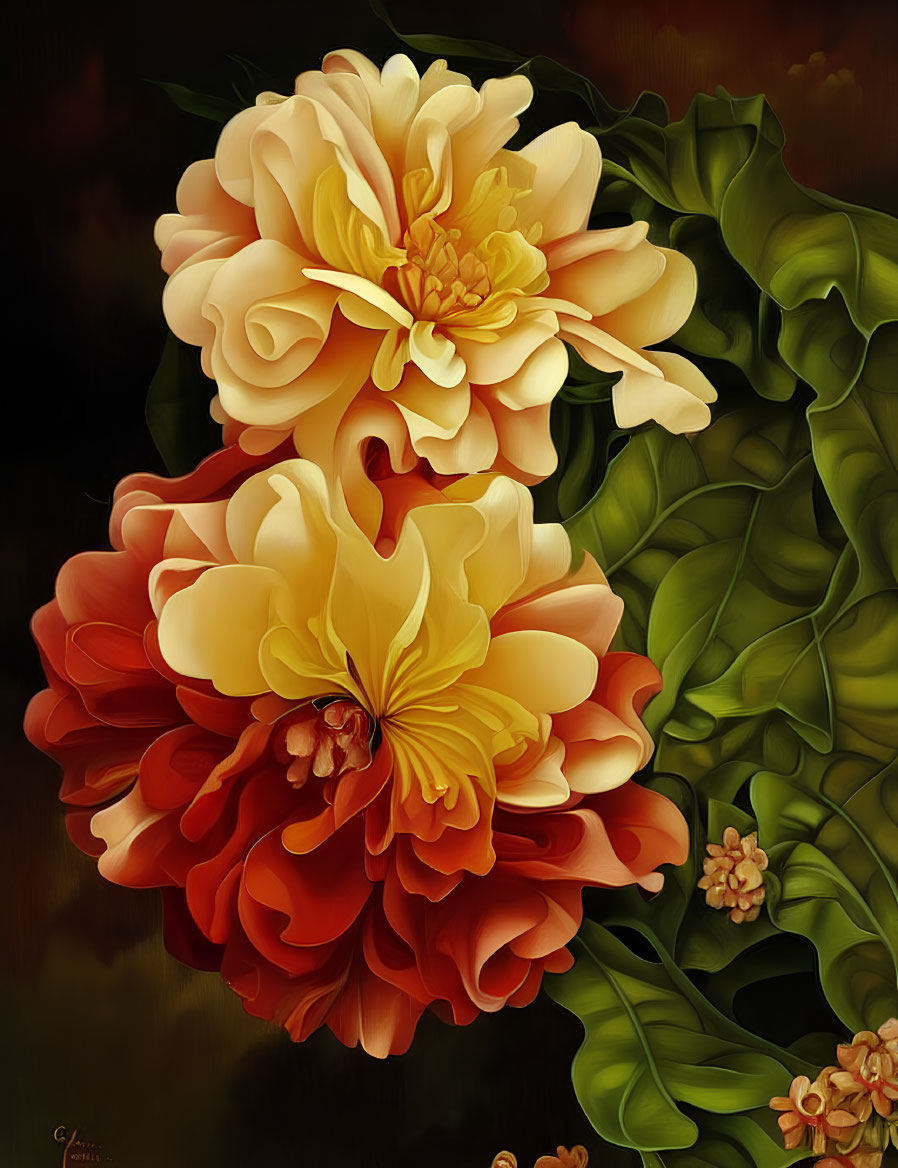 Digital painting featuring layered yellow and red flowers on dark background