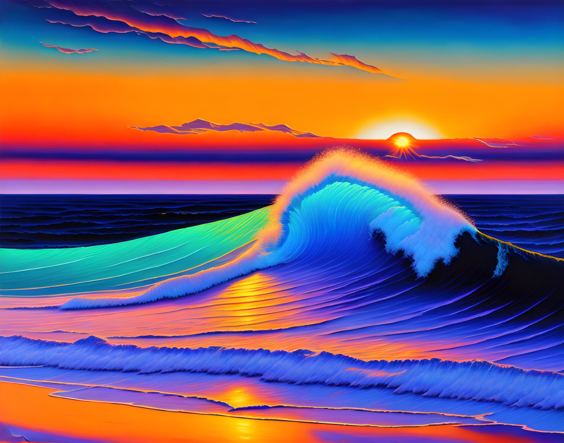 Colorful digital artwork: Wave and sunset with blue water and orange sky