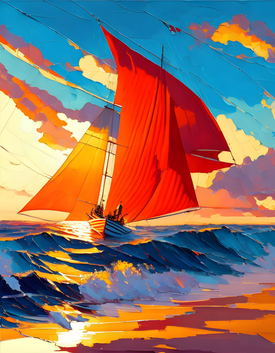 Colorful sailboat painting navigating choppy waves under sunset sky