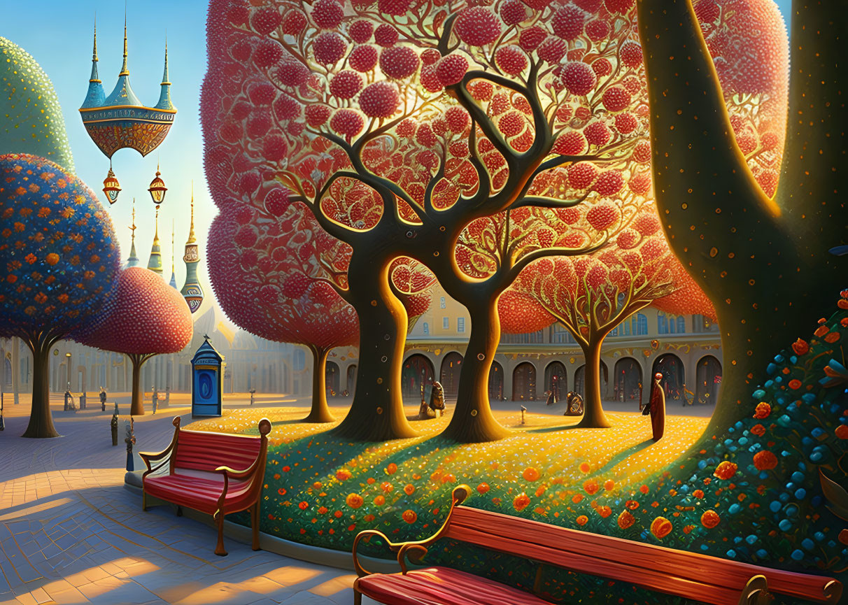 Colorful Plaza Illustration with Ornate Benches and Fantastical Trees