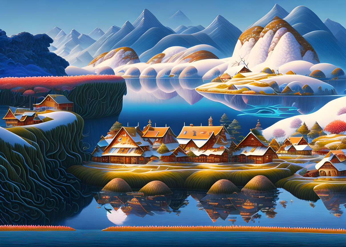 Colorful Stylized Landscape: Illuminated Village, Snowy Mountains