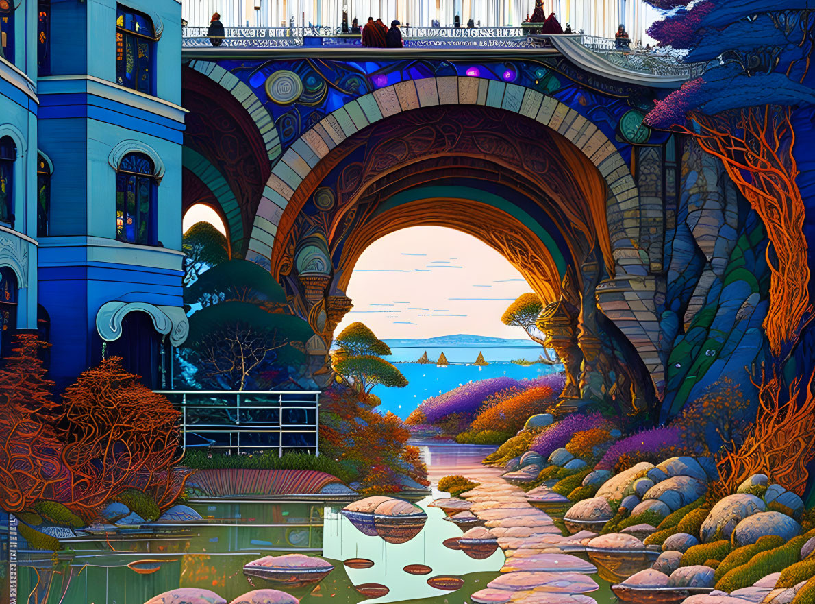 Colorful landscape with ornate bridge, river, foliage, buildings, and sunset