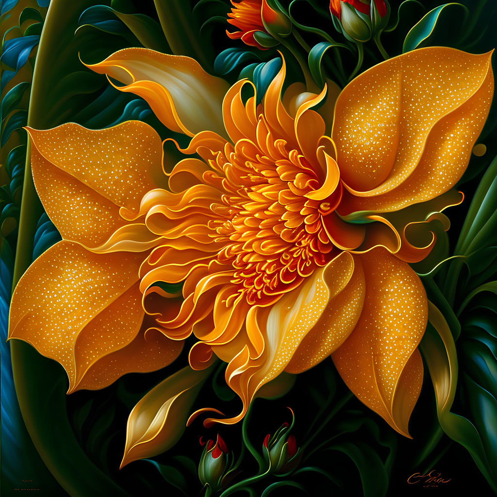 Colorful digital artwork of yellow and orange flower with intricate details on dark background