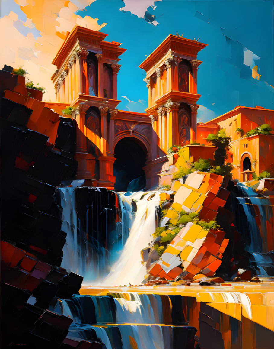 Colorful Artwork: Monumental Arches Over Waterfall in Warm & Cool Tones