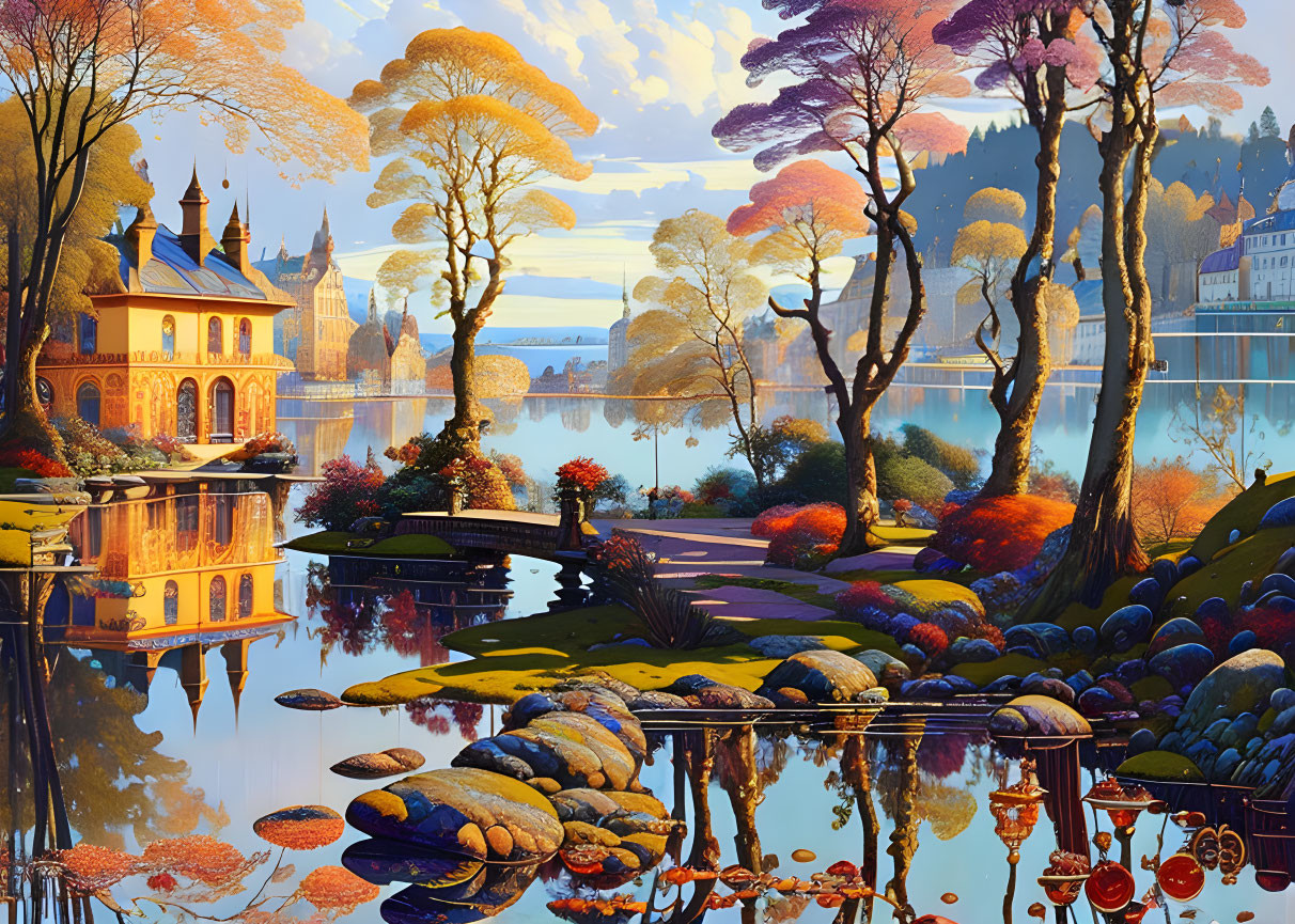 Vibrant fantasy landscape with autumn trees, lake, and castle