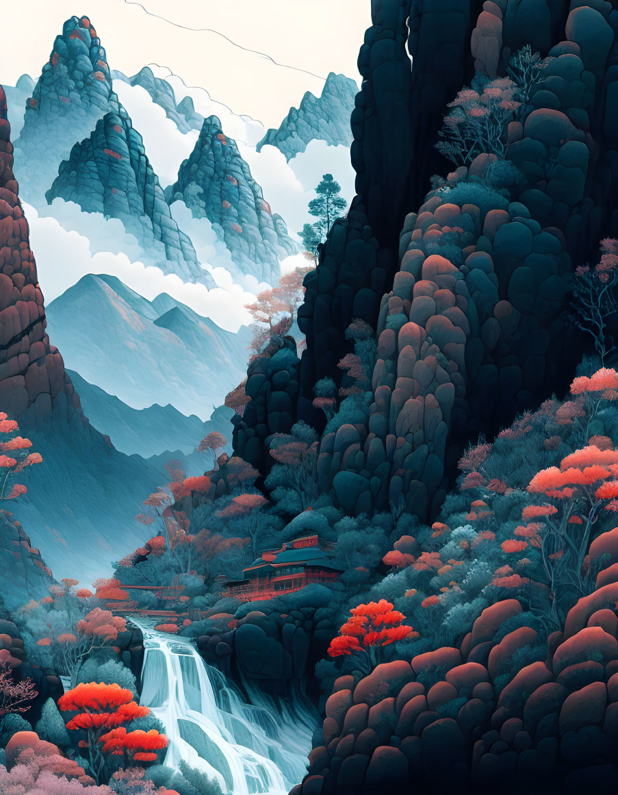 Mountainous landscape with waterfall, red foliage, and hidden house art.