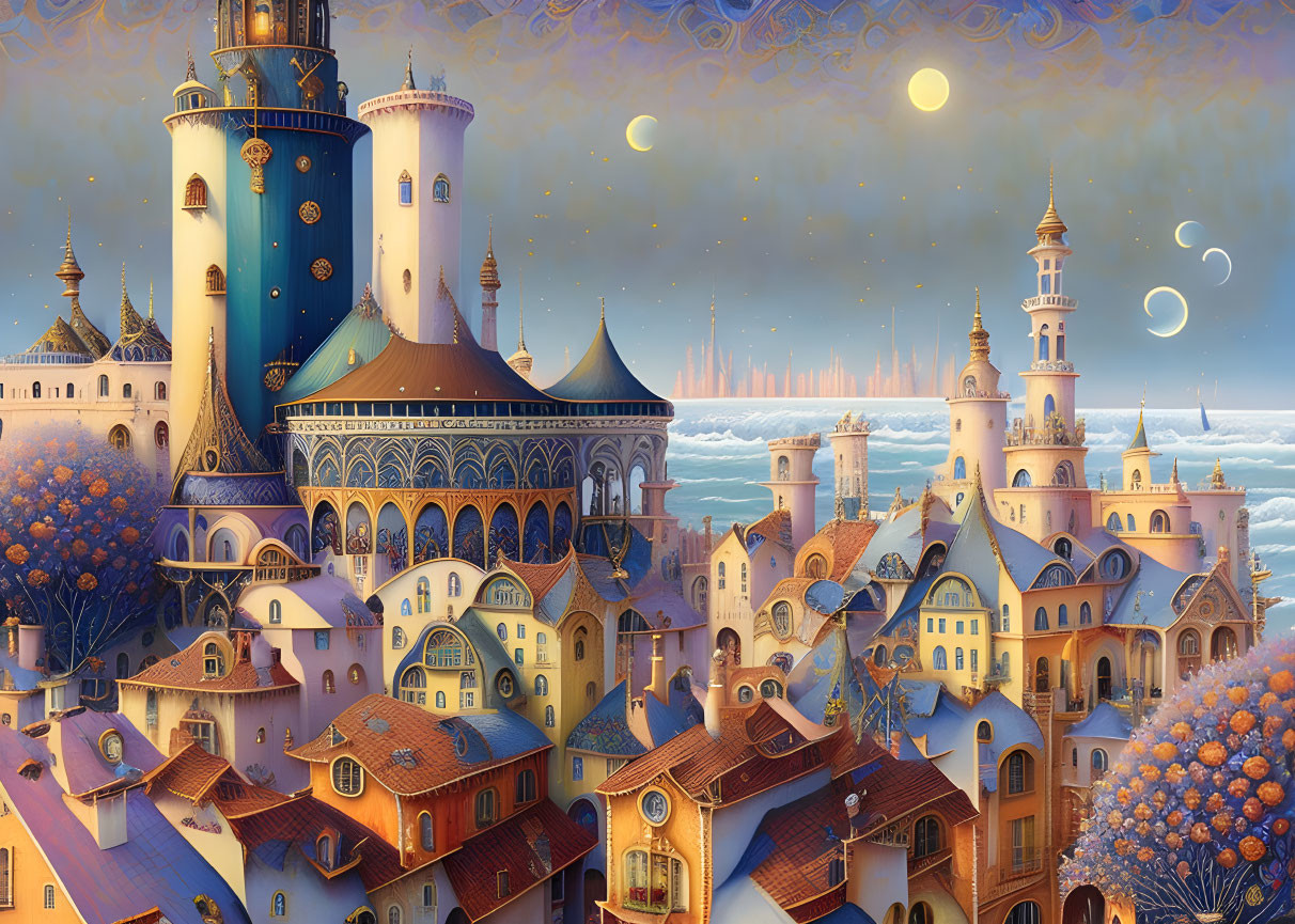 Vibrant fantasy city with ornate castles and floating islands