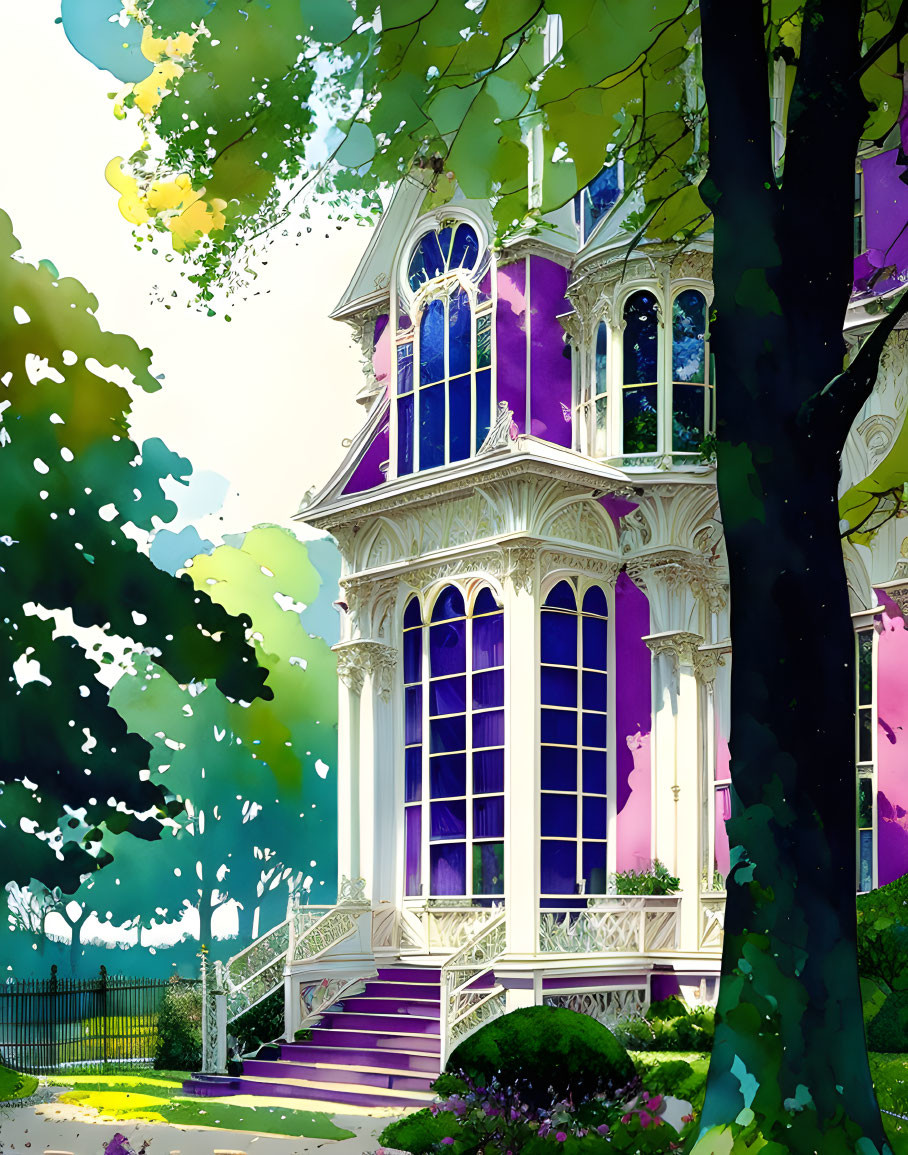 Detailed Illustration: Purple Victorian House Among Green Trees