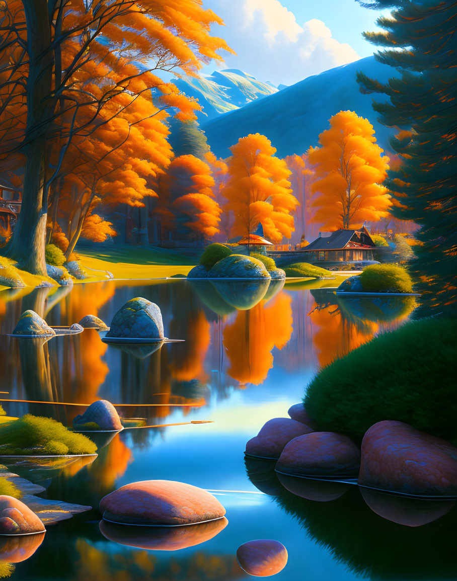 Scenic autumn landscape with lake, cabin, orange trees, rocks, and mountains