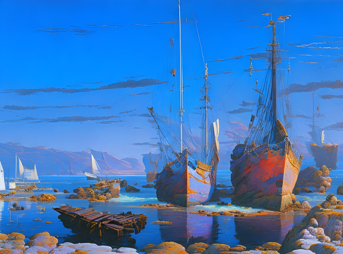 Classic maritime painting: vintage sailing ships on tranquil sea with distant cliffs and seagulls.