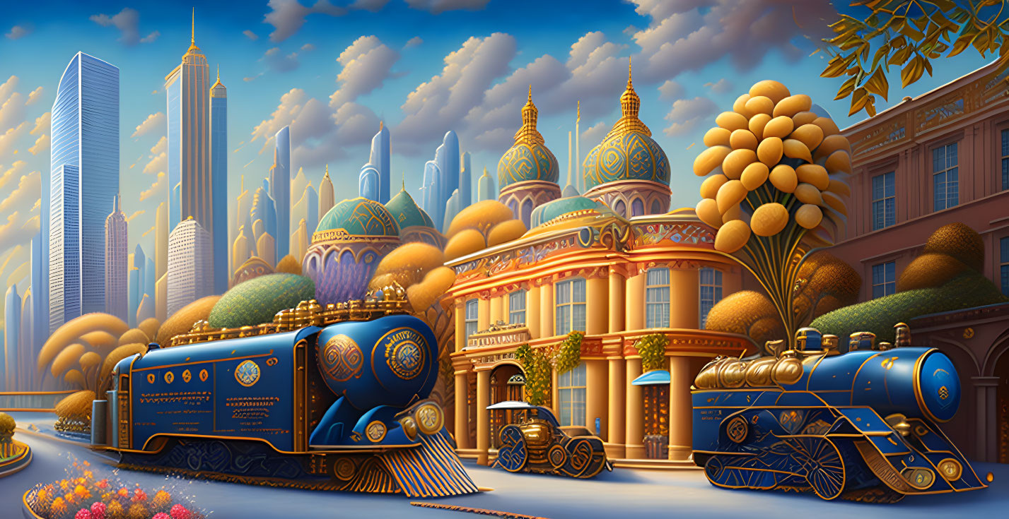 Illustration of blue vintage train at ornate station with futuristic skyscrapers