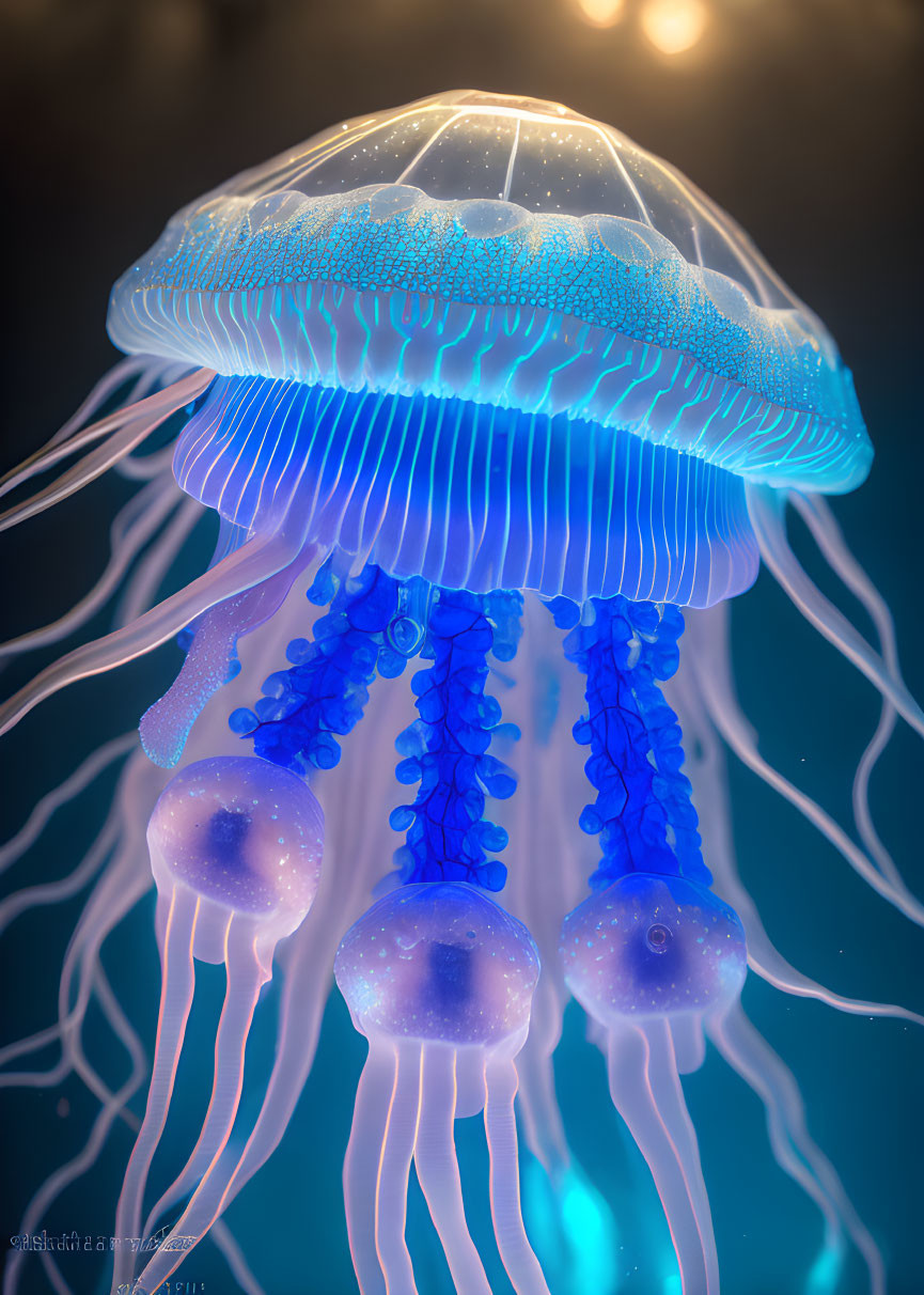 Glowing blue jellyfish with translucent tentacles on soft bokeh background