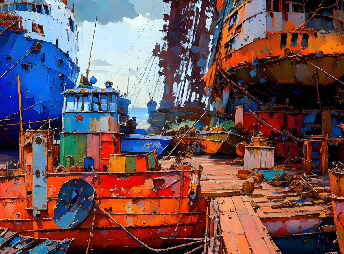 Colorful Ship Graveyard Scene Under Clear Blue Sky