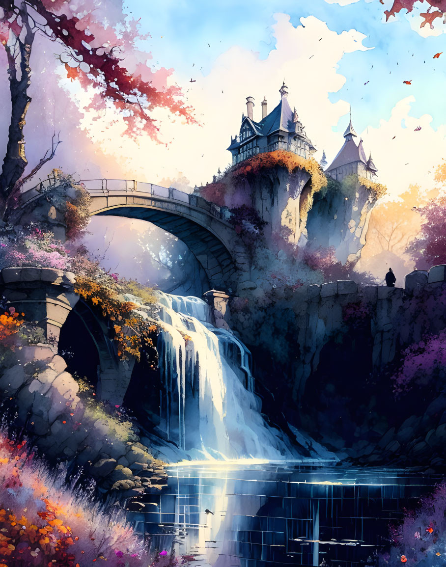 Scenic illustration of waterfall, stone bridge, castle, autumn trees, and blue sky