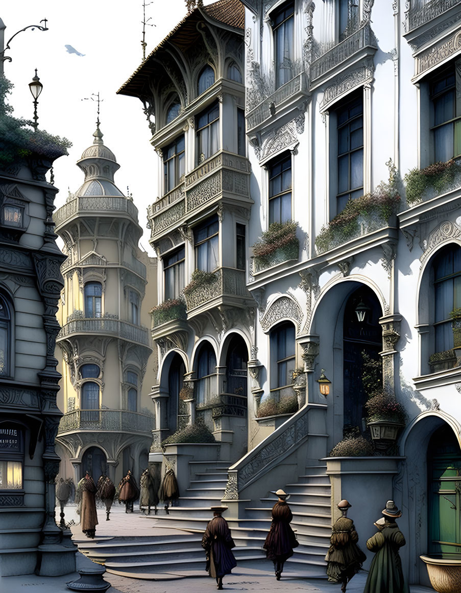 Victorian-style buildings with intricate balconies on cobbled street scene