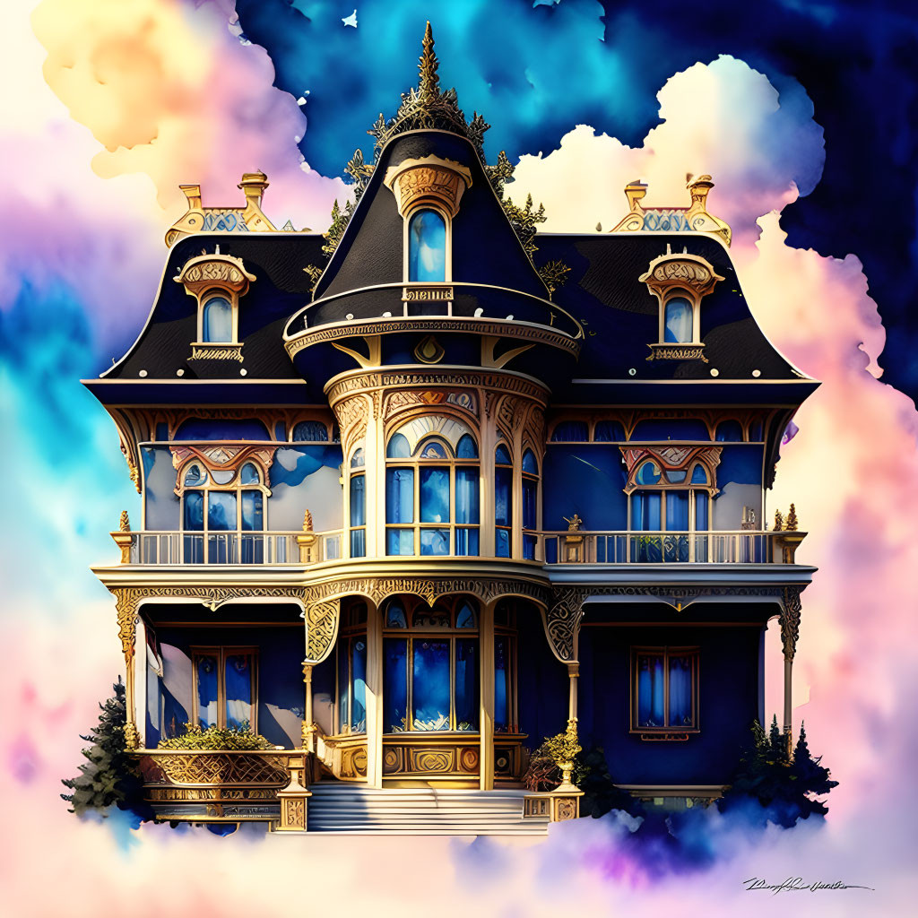 Victorian house with blue and gold colors against cloudy sky