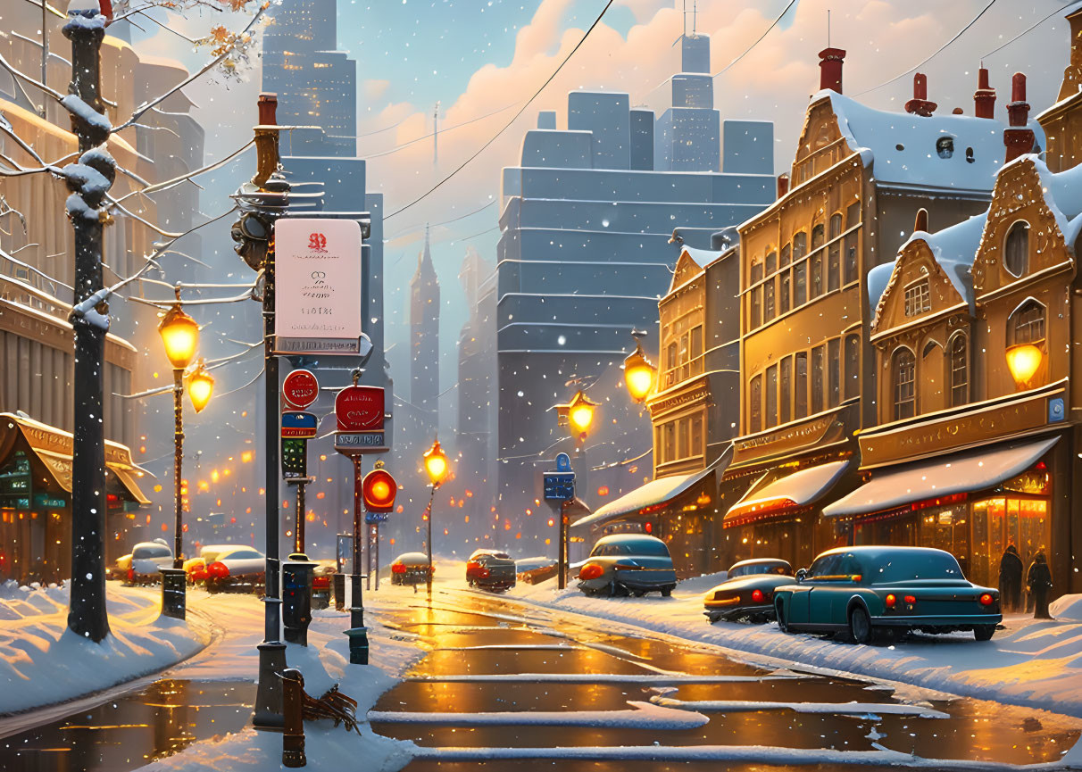 Snow-covered street at dusk with cars, shops, tram line, and city buildings under snowy sky