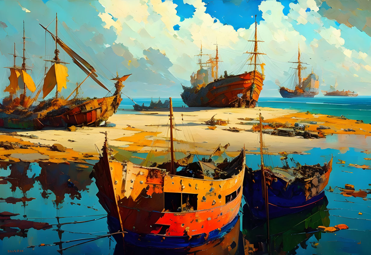 Vibrant beached ships in disrepair under blue sky