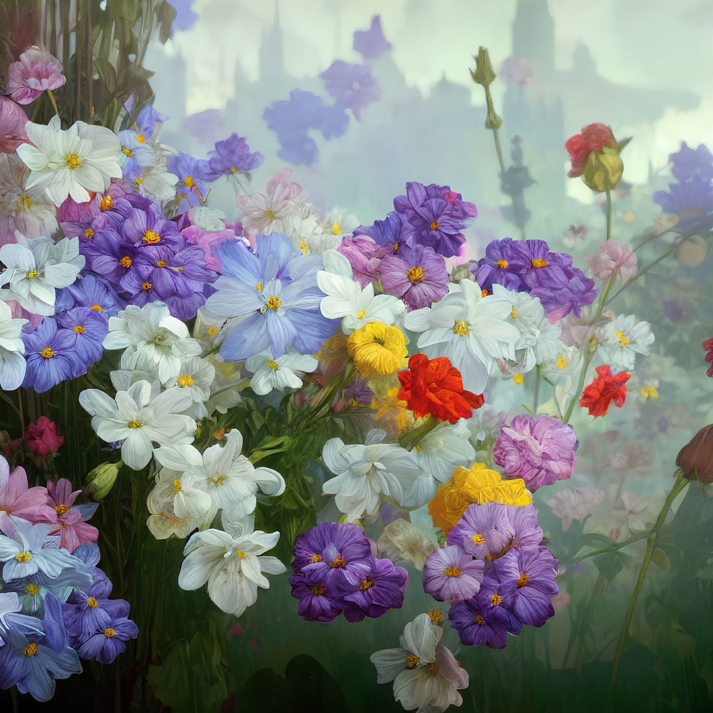 Colorful Flower Display with Blurred Castle Background