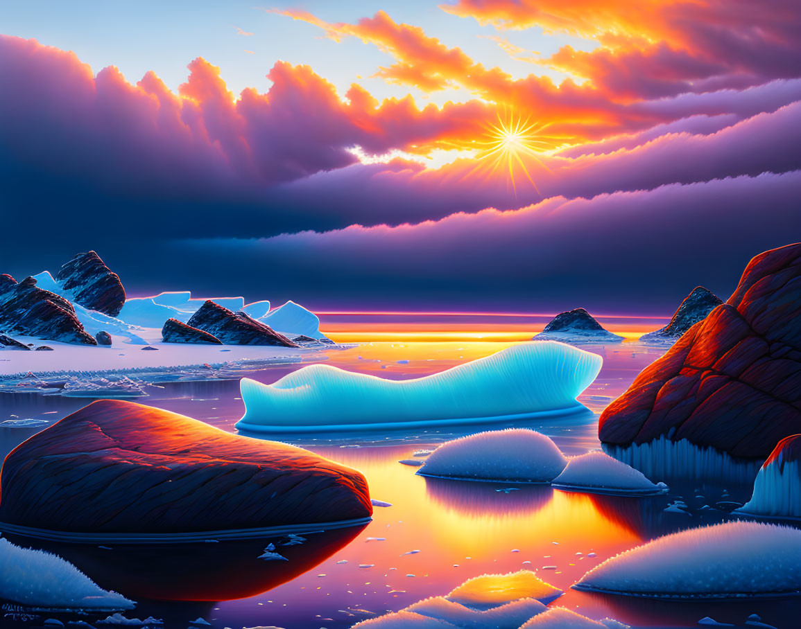 Dramatic sunset over serene polar landscape with icebergs & reflective sea