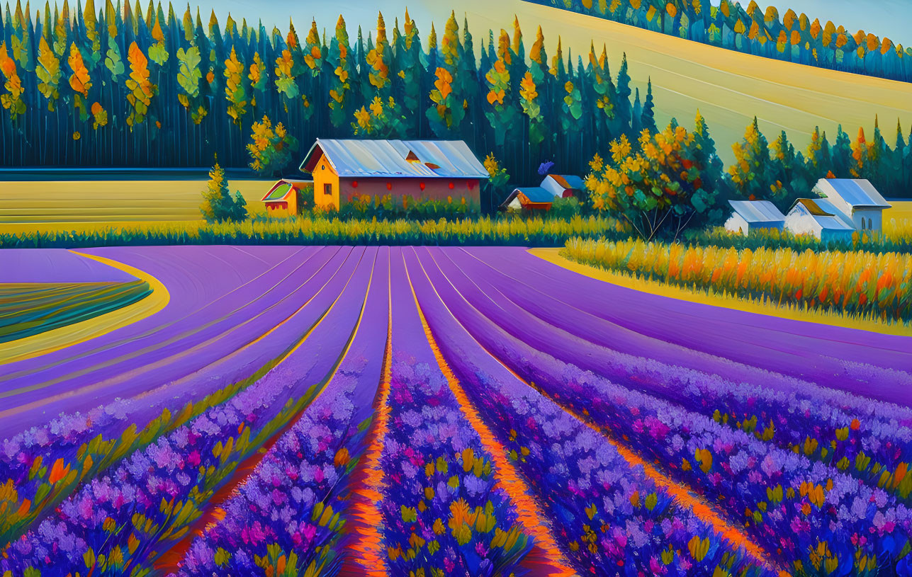 Colorful Flower Field and Rolling Hills Landscape with Trees and Houses