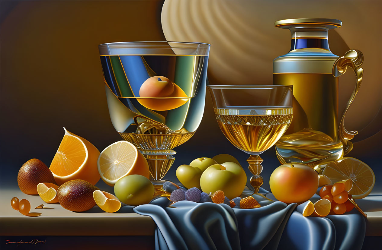 Golden Glassware Still Life with Fruits and Decanter