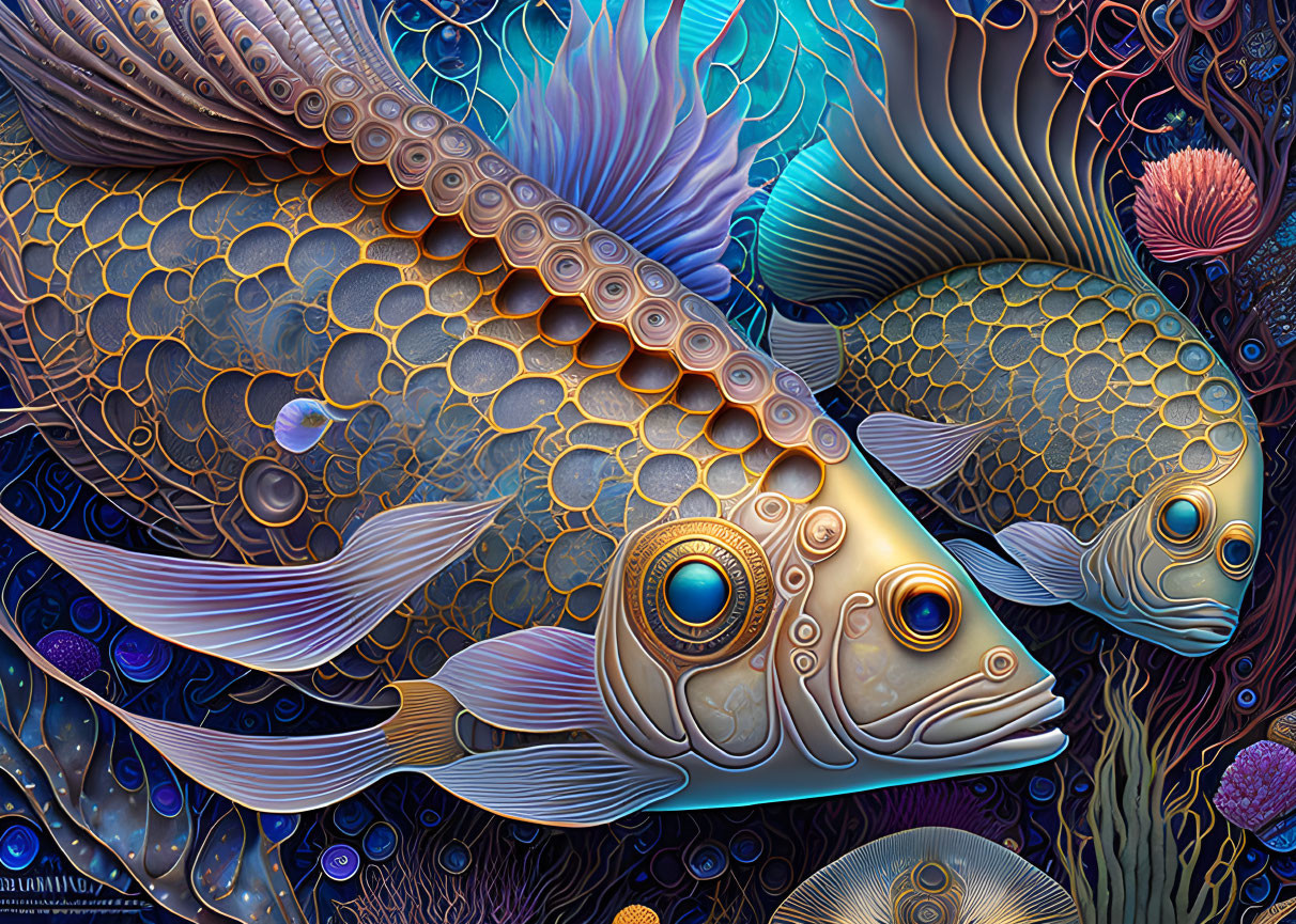 Colorful Fantastical Fish Swimming in Vibrant Underwater Scene