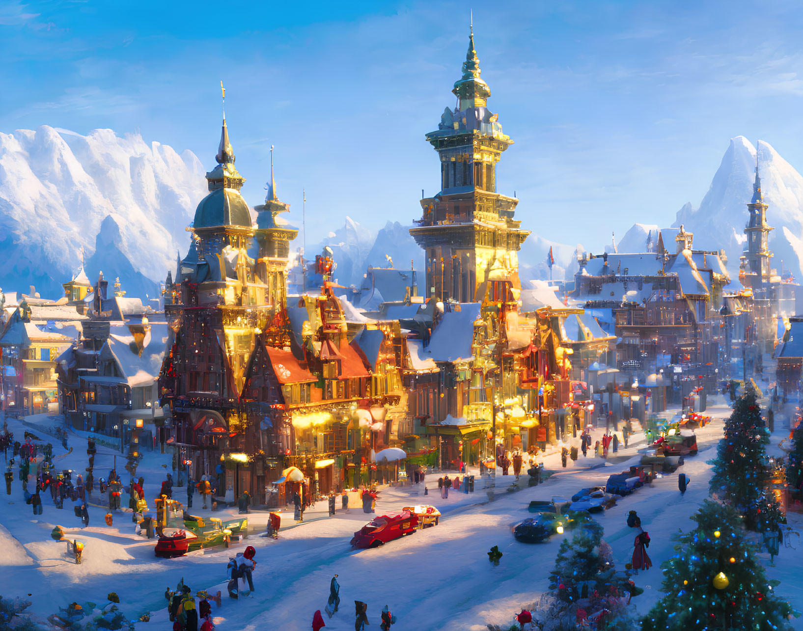 Winter town scene with snow-covered streets and festive decorations