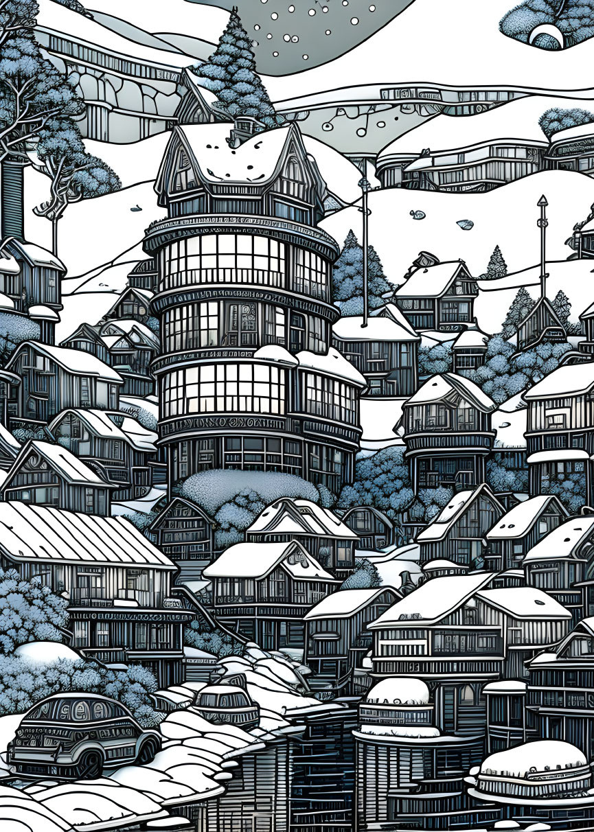 Detailed black and white snowy village illustration with circular multi-storied building.