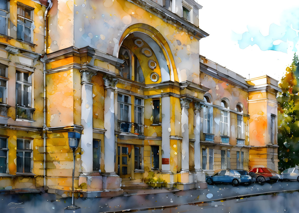 Yellow-toned building with arches and columns in watercolor art