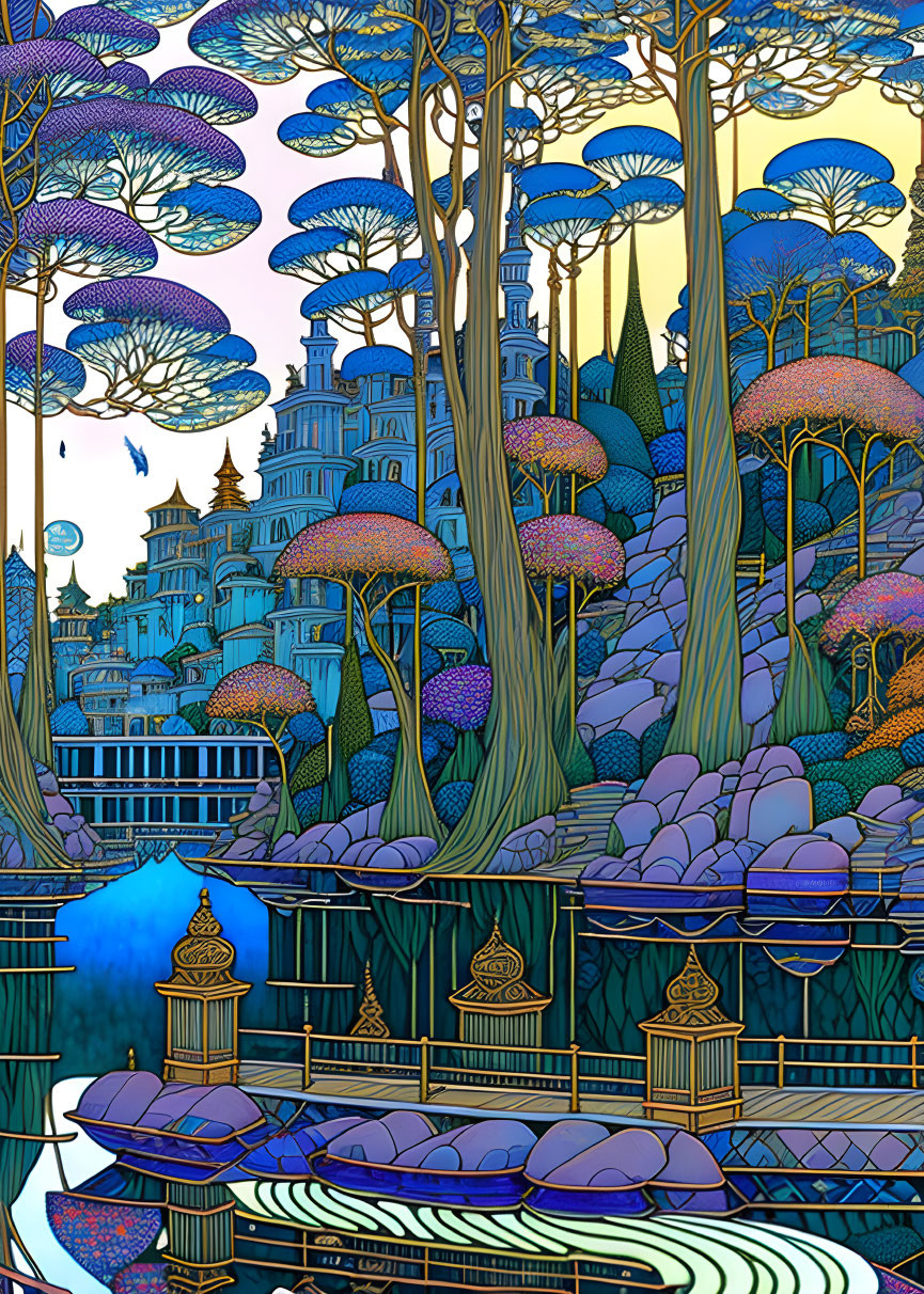 Detailed fantasy landscape with stylized trees and elaborate architecture under a night sky