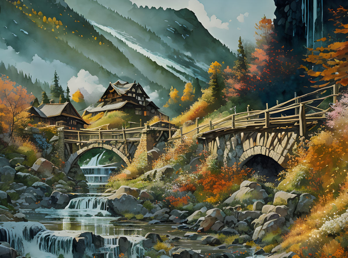 Tranquil autumn scene with watermill, bridge, trees, and misty mountains