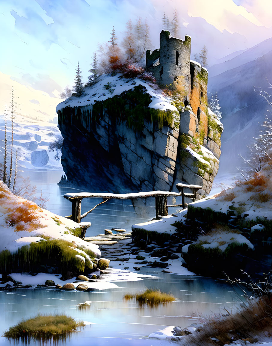 Crumbling castle on steep cliff above river in snowy winter scene