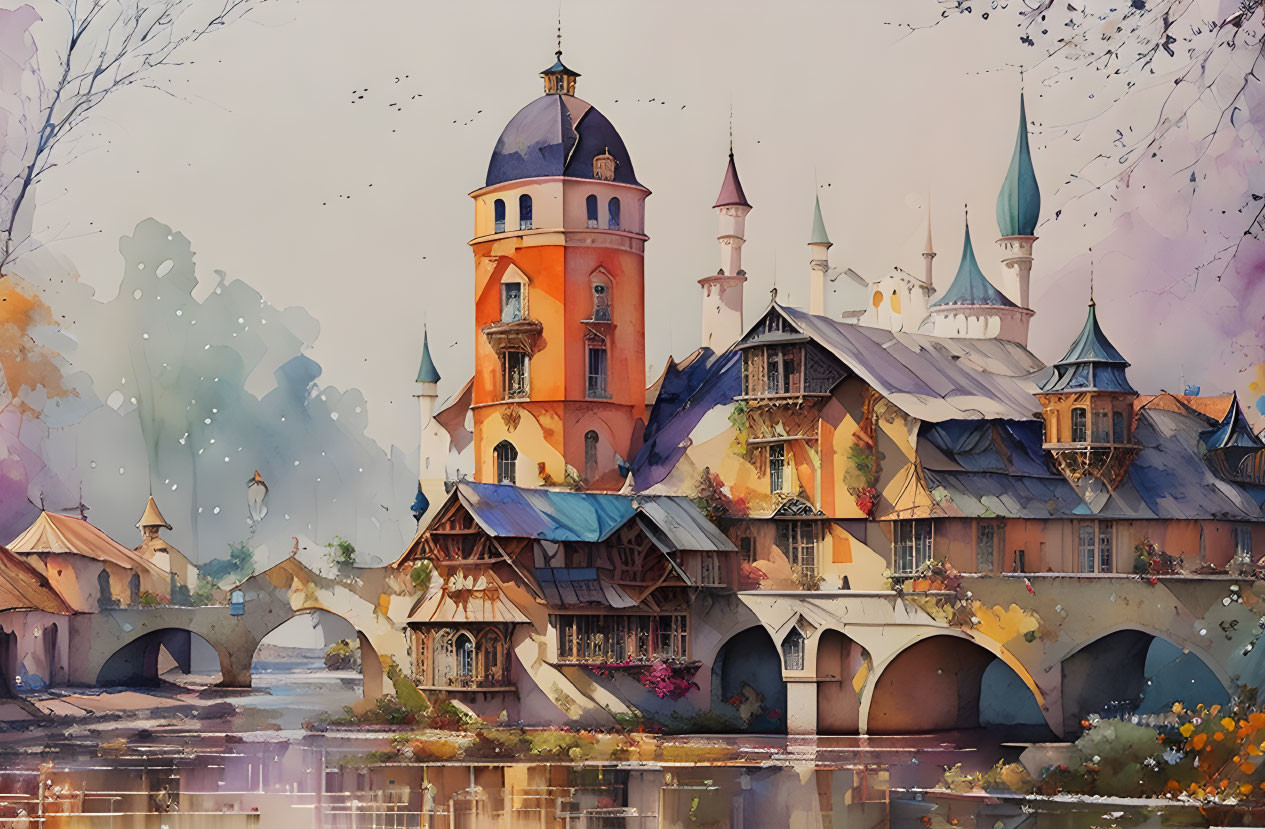 Fairytale Castle Watercolor Painting with Towers and Bridges