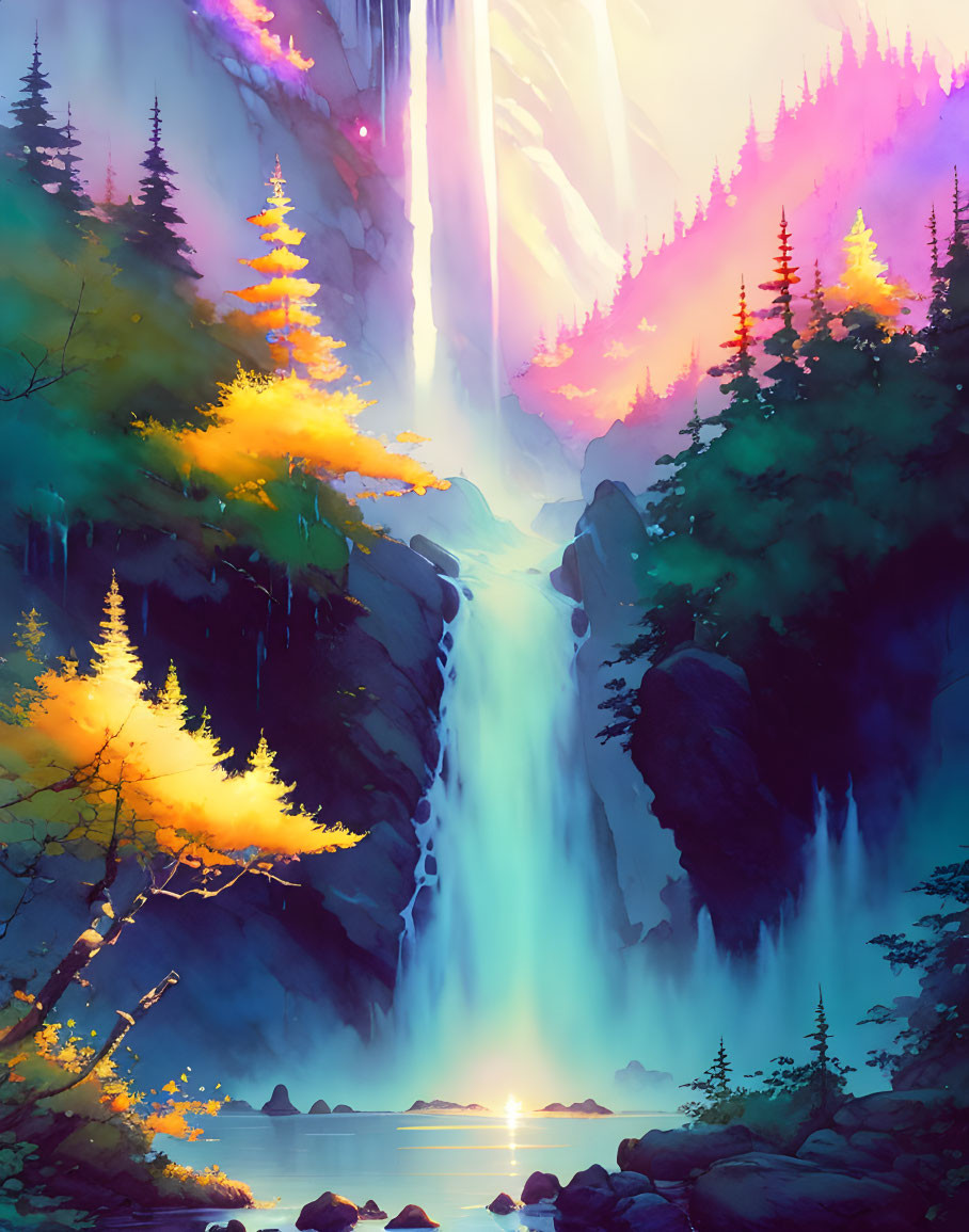 Colorful Waterfall Cascading into Serene Pool at Sunset