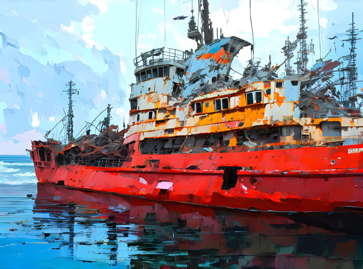 Impressionist digital painting of abandoned ships in blue sea