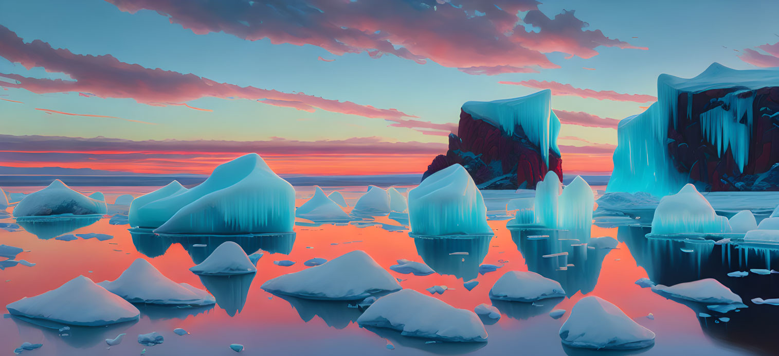 Tranquil Polar Landscape with Icebergs at Sunset