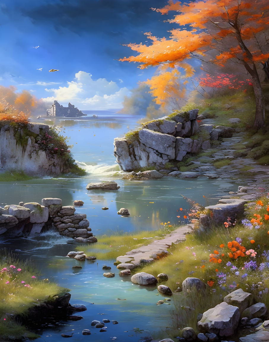 Tranquil river flowing through rocky terrain with autumn trees and wildflowers