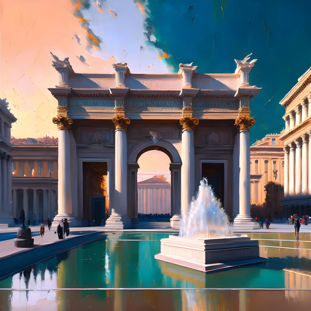 Classical architecture illustration: Majestic archway and fountain in sunlit plaza